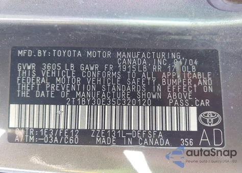 2005 Toyota Corolla Xrs z USA, uszkodzony, nr VIN 2T1BY30E35C320120